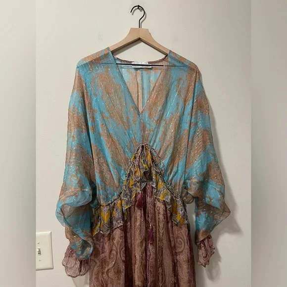 Zimmerman Realm Plunge Draw Bohemian Paisley Silk Ruffle High Low Dress Large